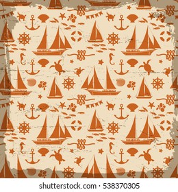 Marine seamless pattern with turtle fish sea horse starfish ship shell lifebuoy anchor wheel rope vector illustration