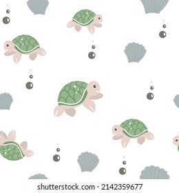 Marine seamless pattern with turtles, shells, bubbles in cartoon style on white background for textile, print, wallpaper