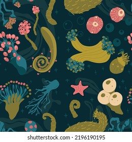 Marine seamless pattern with underwater animals, plants, ocean fish