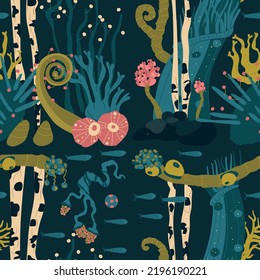 Marine seamless pattern with underwater animals, plants, ocean fish