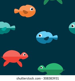 Marine seamless Pattern. Underwater Cartoon Characters. Fish and Turtle. Vector Background.