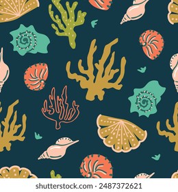 Marine seamless pattern. Underwater world. Shells and corals vector background.