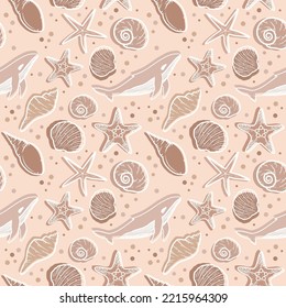 Marine seamless pattern, vector art. Ocean wild life animals and nature, simple minimalistic art.