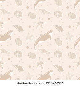 Marine seamless pattern, vector art. Ocean wild life animals and nature, simple minimalistic art.