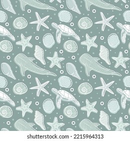 Marine seamless pattern, vector art. Ocean wild life animals and nature, simple minimalistic art.