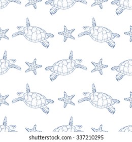Marine seamless pattern. Vector illustration of a of starfish and turtles.