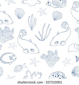 Marine seamless pattern. Vector illustration of tropical fish, shells, corals and other marine life.