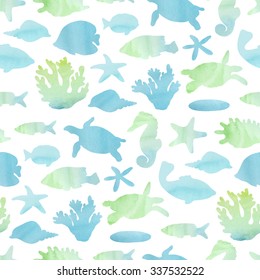 Marine seamless pattern. Vector illustration of tropical fish, shells, corals and other marine life, drawn by hand. Watercolor texture.