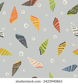 Marine seamless pattern. Vintage background with seashells and bubbles. Retro textile print in style of flat illustration. Vector surface design for fabric, gift wrapper, wallpaper.
