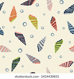 Patrón marino sin costuras. Fondo vintage con conchas y burbujas. Estampado textil retro en estilo de ilustración plana. Diseño de superficie vectorial para tela, envoltura de regalo, papel pintado.