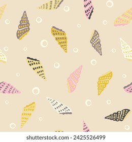 Marine seamless pattern. Vintage background with seashells and bubbles. Retro textile print in style of flat illustration. Vector surface design for fabric, gift wrapper, wallpaper.