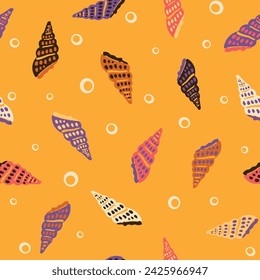 Patrón marino sin costuras. Fondo vintage con conchas y burbujas. Estampado textil retro en estilo de ilustración plana. Diseño de superficie vectorial para tela, envoltura de regalo, papel pintado.
