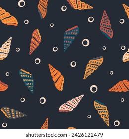 Marine seamless pattern. Vintage background with seashells and bubbles. Retro textile print in style of flat illustration. Vector surface design for fabric, gift wrapper, wallpaper.