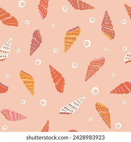 Marine seamless pattern. Vintage background with seashells and bubbles. Retro textile print in style of flat illustration. Vector surface design for fabric, gift wrapper, wallpaper.