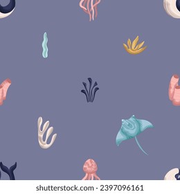 Marine seamless pattern. Watercolor sea plants, stingray, jellyfish, whale. Template for paper, fabric, textile, banner. Vector illustration on isolated background in modern style.