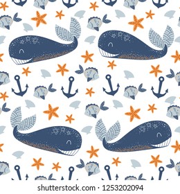 Marine seamless pattern, whale, anchor, starfish. Vector