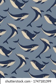 Marine seamless pattern with whales.  Can be used for wallpaper, packaging, textile, printing. Vector illustration. 