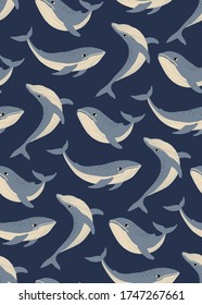 Marine seamless pattern with whales.  Can be used for wallpaper, packaging, textile, printing. Vector illustration. 