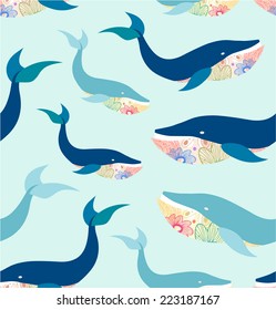 Marine seamless pattern with whales, cute background 