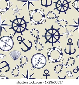 Patrón marino sin soldadura. Rueda, ancla, brújula,soya,soga, estanques y conchas sobre fondo azul brillante. Ilustración vectorial.