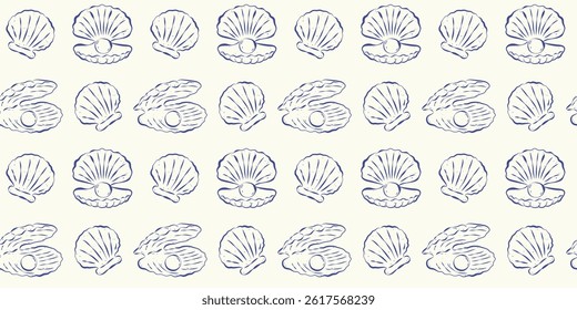 Marine seamless pattern with whimsical hand drawn shells with pearls on the white background. Perfect for backdrop, wallpaper, textile, packaging.