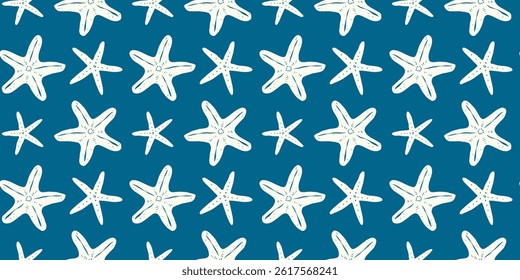 Marine seamless pattern with whimsical hand drawn starfishes on blue background. Ideal for backdrop, wallpaper, textile, packaging.