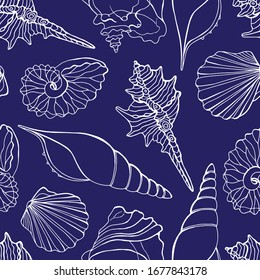 Marine seamless pattern of white contour shells. Line art. Stock illustration. For the design of backgrounds, wallpaper, packaging, fabric.