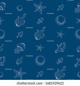 Marine seamless pattern of white elements with dots texture on navy blue background. Contains jellyfish, starfish, coral branch, pearl, algae leaf, waves. Stylized with ink drawing