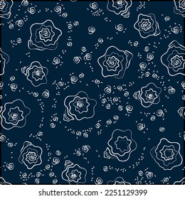 Marine seamless pattern. A white hand-drawn sketch on a dark blue background. Twisted shells and foam. Modern vector illustration for backgrounds, fabrics, scrapbooking, wrapping paper