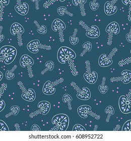 Marine seamless pattern with white jellyfish and pink dots