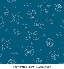 Marine seamless pattern with white shells and stars on a blue background.