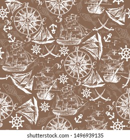 Marine seamless pattern with wind rose and sailboats. Hand drawing. Vector image.