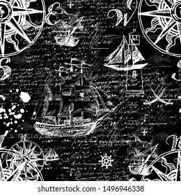 Marine seamless pattern with wind rose and sailboats. Hand drawing on a black background. Vector image.