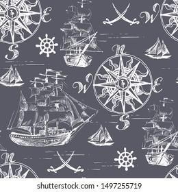 Marine seamless pattern with wind rose and sailboats. Hand drawing. Vector image.