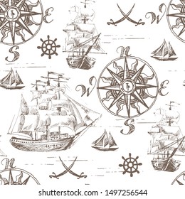 Marine seamless pattern with wind rose and sailboats. Hand drawing. Vector image.