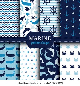  Marine seamless patterns with anchors, fish, crabs and waves
