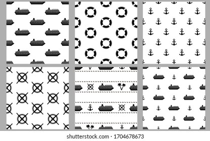 Marine seamless patterns. Black ships, palms, anchors, binoculars and wheels. Vector illustration