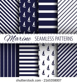 Marine seamless patterns collection in white and dark blue colors. Minimalist trendy contemporary ornaments. Best for textile, wallpapers, wrapping paper, package and home decoration.