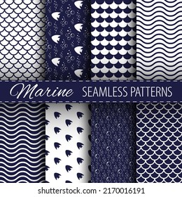 Marine seamless patterns collection in white and dark blue colors. Minimalist trendy contemporary aqua ornaments. Best for textile, wallpapers, wrapping paper, package and home decoration.