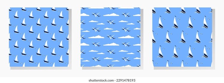 Marine seamless patterns collection in white and blue colors. Sea, ships, sky, gulls and clouds. Best for textile, wallpapers, wrapping paper, package and home decoration.