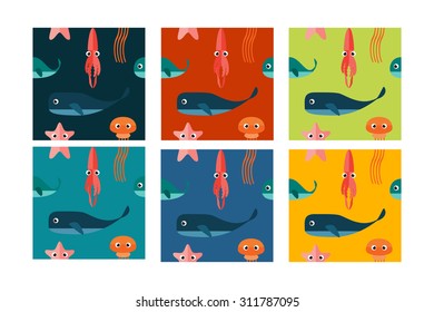Marine Seamless Patterns. Underwater Cartoon Characters. Vector Background.