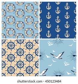 Marine seamless patterns vector collection. Sea and ocean retro navy backgrounds