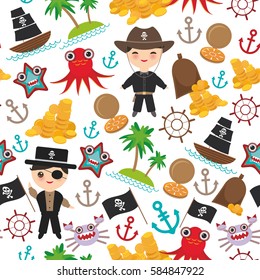 Marine seamless pirate pattern isolated on wite background. pirate boat with sail, gold coins crab octopus starfish island with palm trees anchor compass anchor helm treasures. Vector illustration