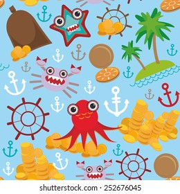 Marine seamless pirate pattern on light blue background. Vector