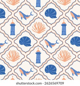 Marine seamless retro pattern with corals, shell, lighthouse and whale. Vector.