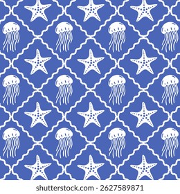 Marine seamless retro pattern with jellyfish and starfish. Vintage summer tropical background. Vector.