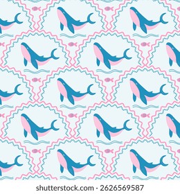 Marine seamless retro pattern with whales. Summer tropical sea background. Vector.