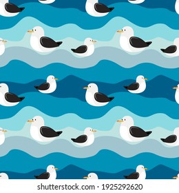 marine seamless seagull albatross pattern. seamless texture with waves and gulls. stock vector illustration.