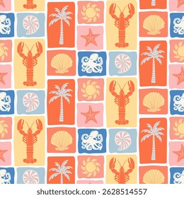 Marine seamless summer fashion pattern in patchwork style. Marine retro background. Vector.