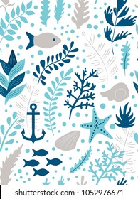 Marine seamless surface pattern. Modern texture for fabric, textile, wrapping paper, scrapbooking, notebook cover, interior design. Vector illustration